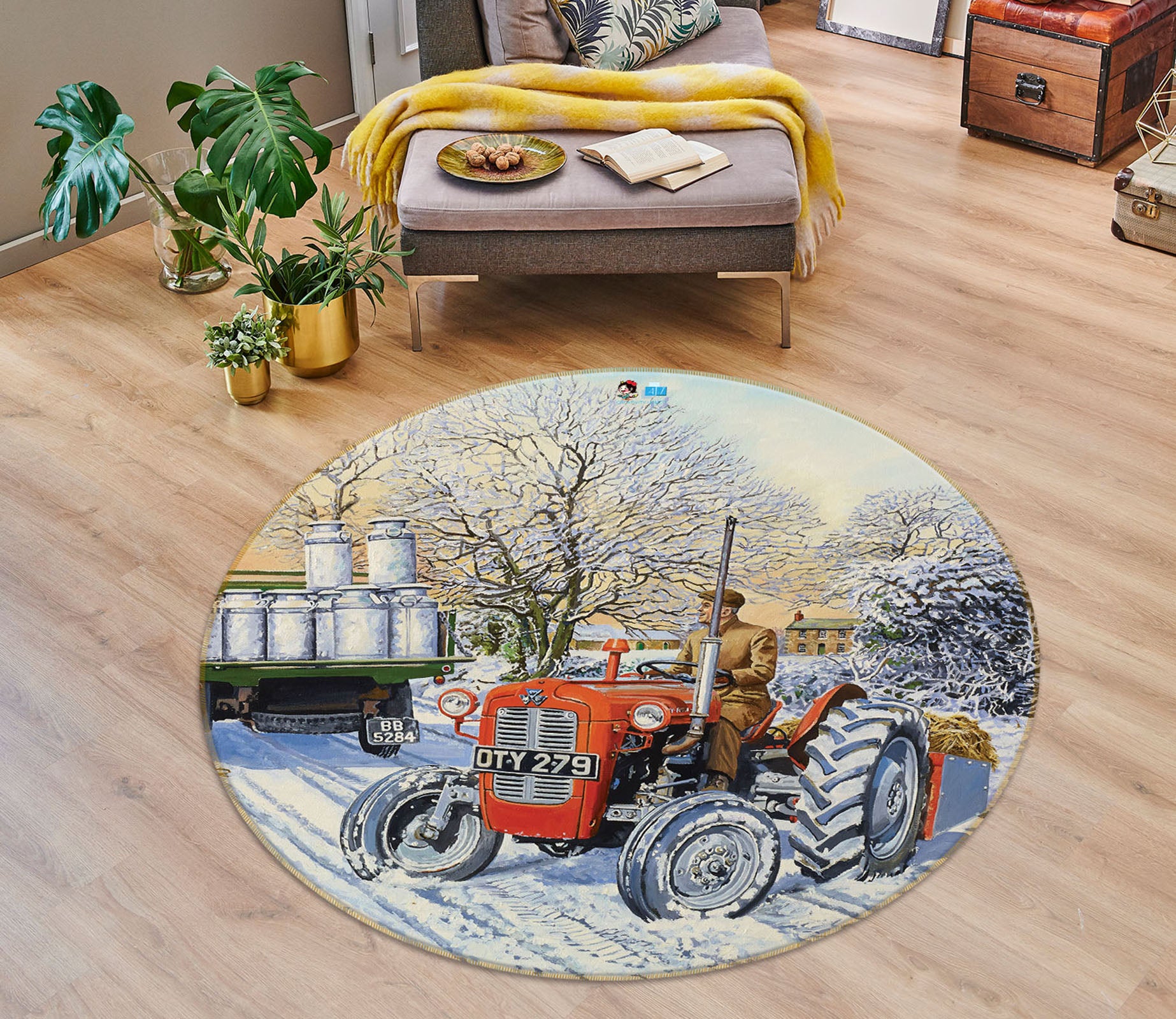 3D Snowfield Tractor 8909 Trevor Mitchell Rug Round Non Slip Rug Mat