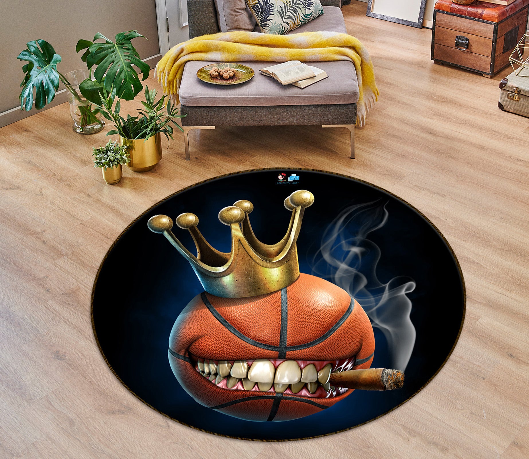 3D Crown Teeth Basketball 4150 Tom Wood Rug Round Non Slip Rug Mat