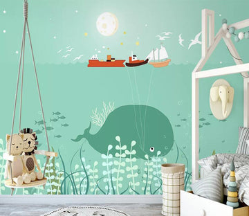 3D Moon Whale Boat WG1163 Wall Murals