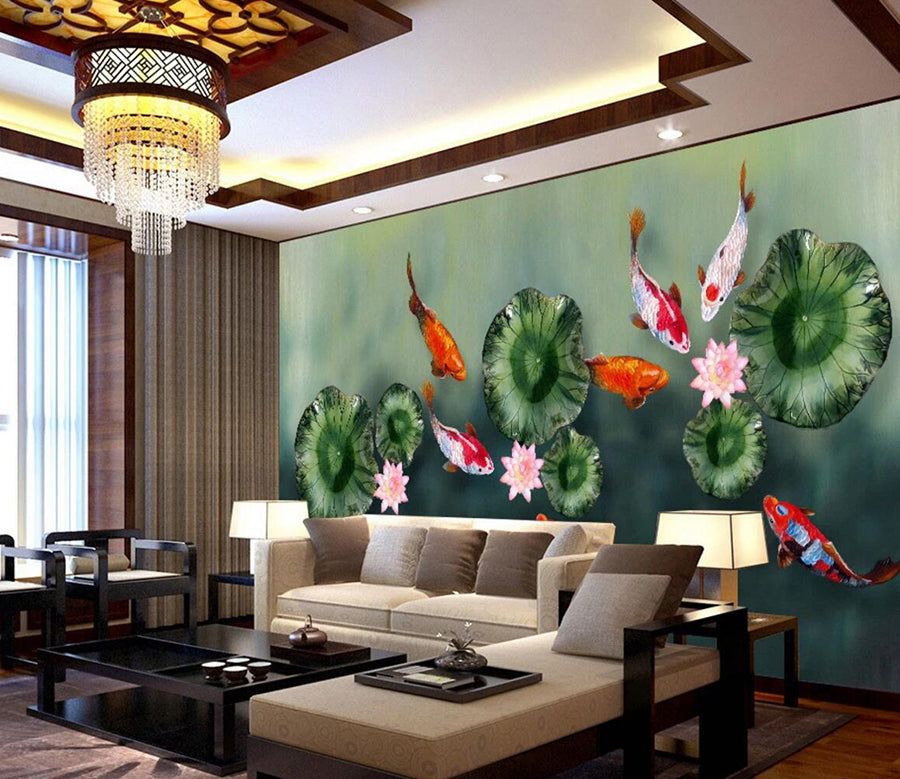 3D Lotus Leaf Goldfish WC377 Wall Murals