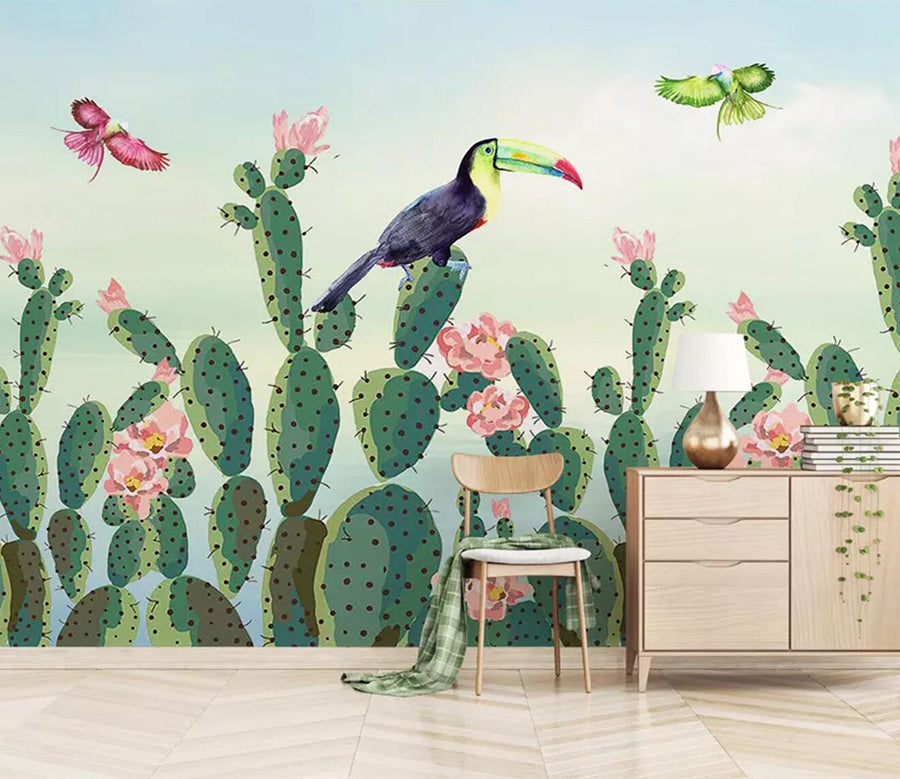 3D Toucan Cactus Flower WC654 Wall Murals