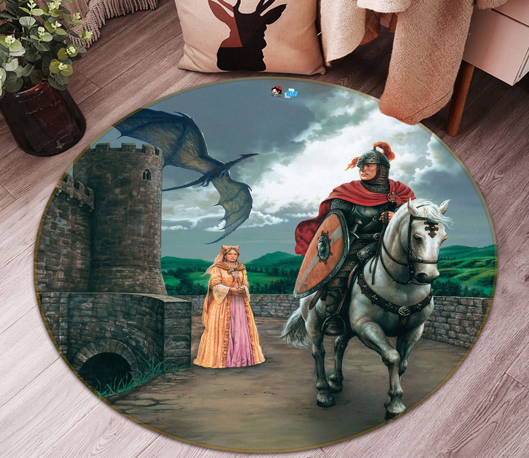 3D Knight Horse Princess 6080 Ciruelo Rug Round Non Slip Rug Mat