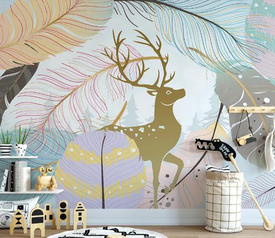 3D Sika Deer Feathers WC2743 Wall Murals