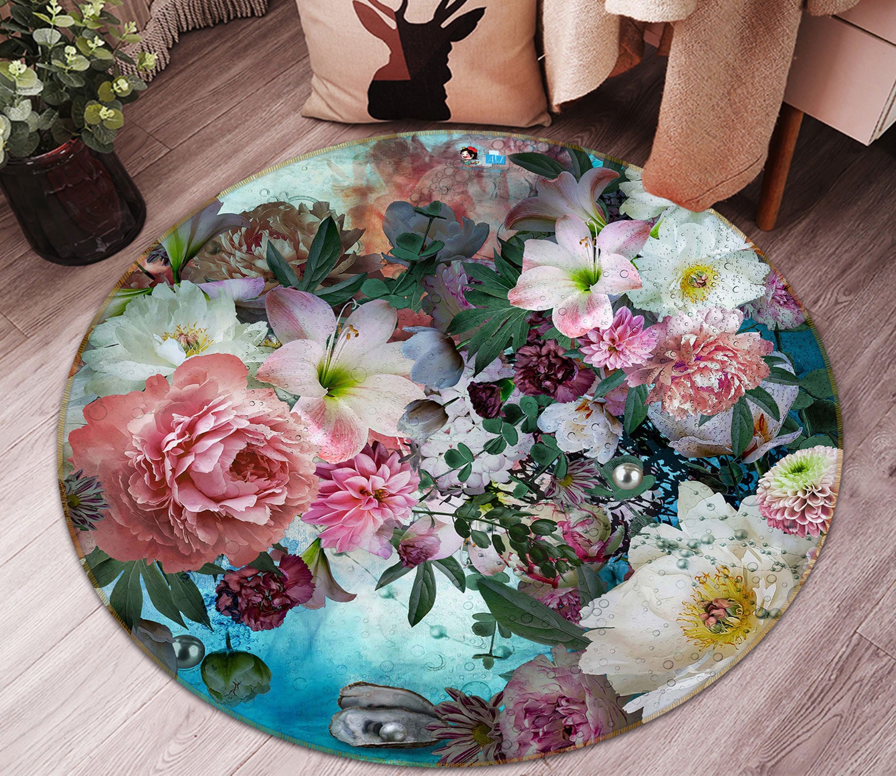 3D Peony Lily 5003 Beth Sheridan Rug Round Non Slip Rug Mat