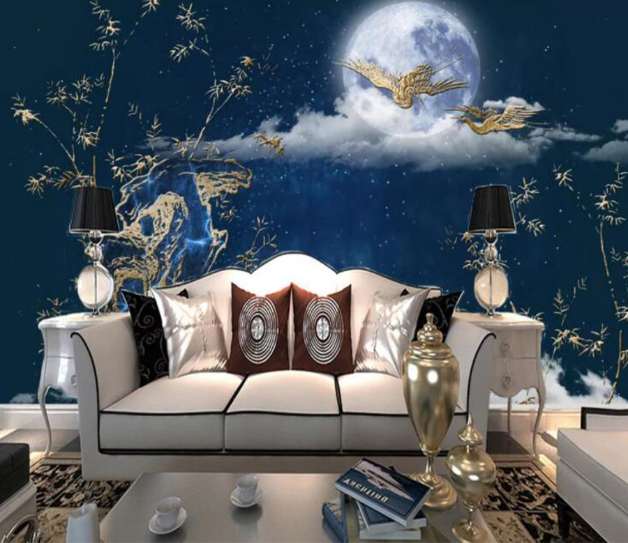 3D Moon Golden Crane WC2706 Wall Murals