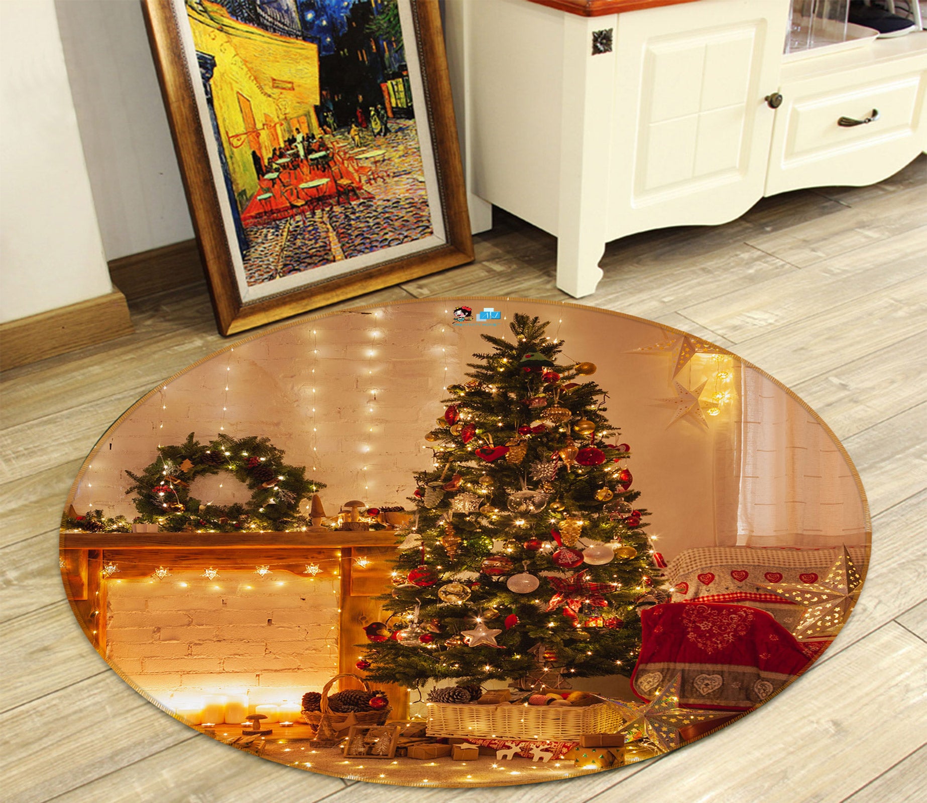 3D Tree String Lights 55235 Christmas Round Non Slip Rug Mat Xmas