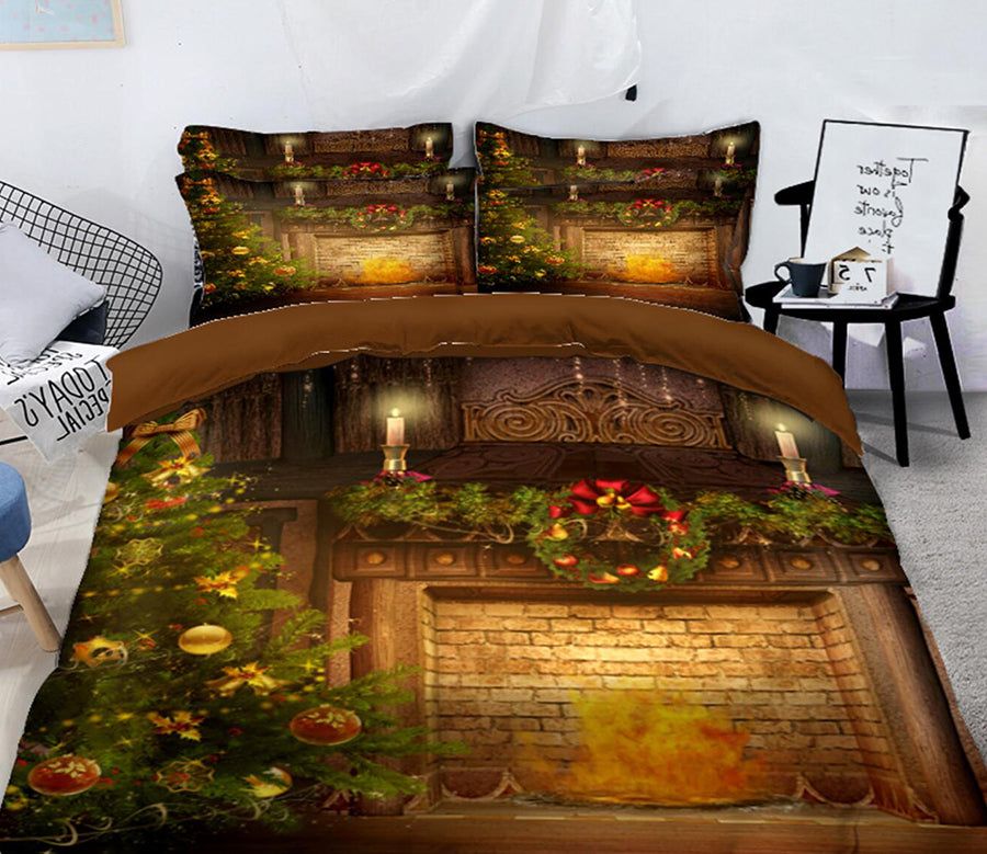 3D Tree Fireplace 32028 Christmas Quilt Duvet Cover Xmas Bed Pillowcases