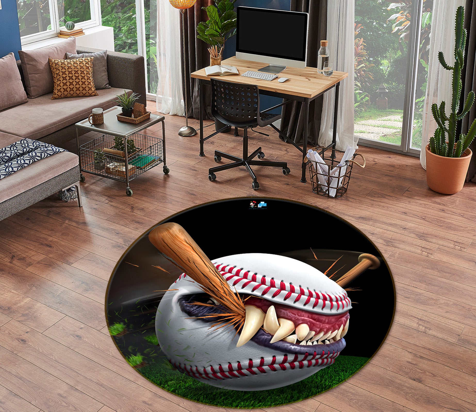 3D Crown Teeth Baseball 4153 Tom Wood Rug Round Non Slip Rug Mat