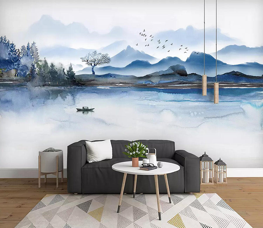 3D Lake Boat Tree WC613 Wall Murals