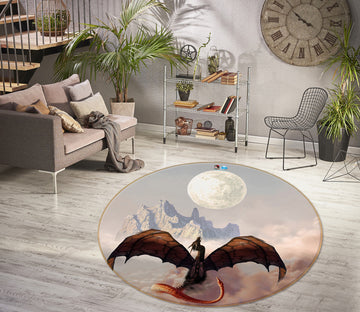 3D Mountain Moon Dragon 6110 Ciruelo Rug Round Non Slip Rug Mat