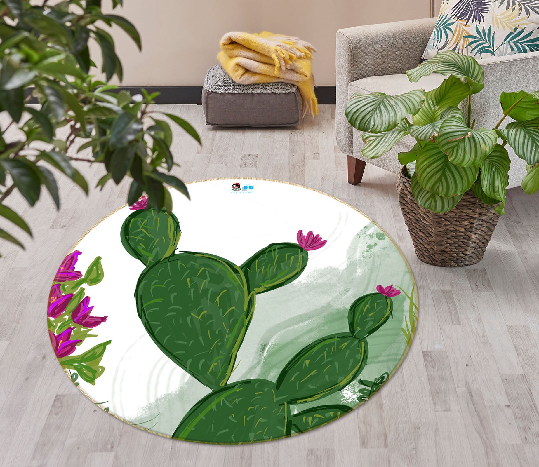 3D Green Cactus 8236 Jacqueline Reynoso Rug Round Non Slip Rug Mat