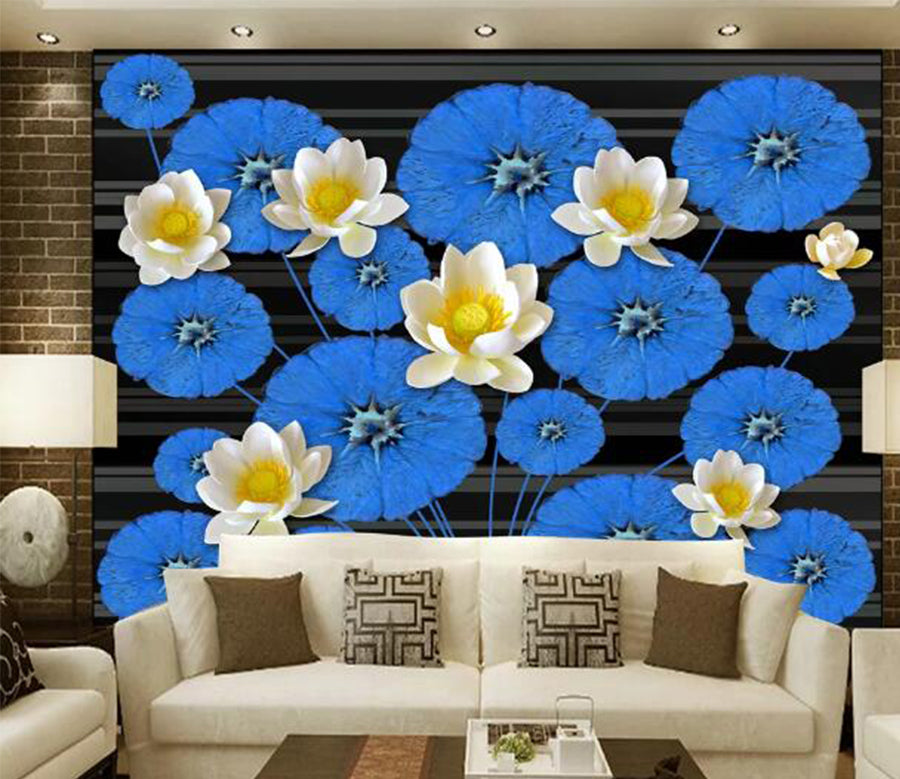 3D Blue Leaves Flower WC1199 Wall Murals