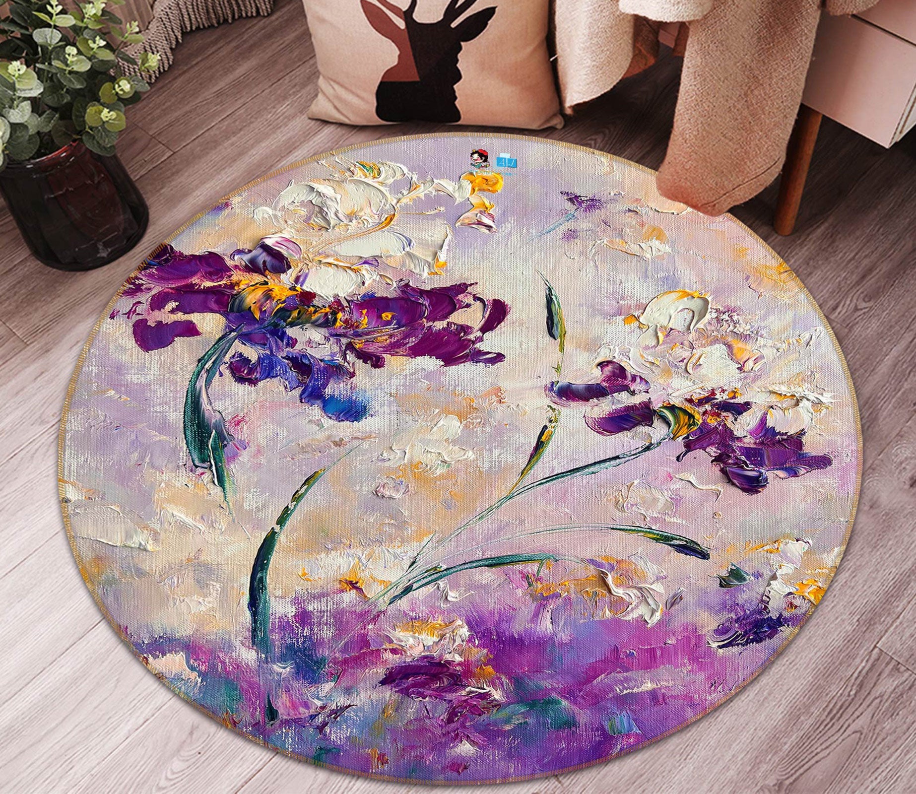 3D Flower Paint 807 Skromova Marina Rug Round Non Slip Rug Mat