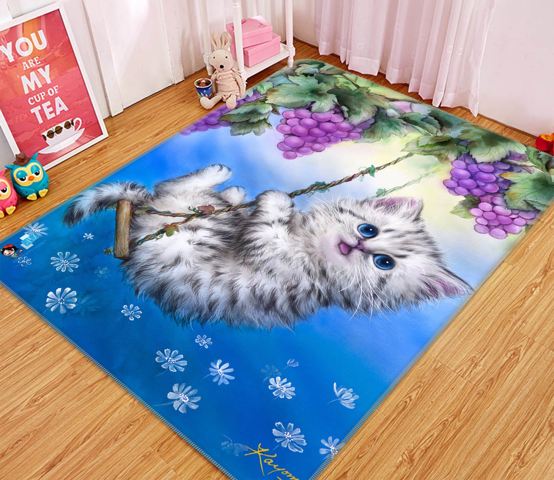 3D Grape Cat 5694 Kayomi Harai Rug Non Slip Rug Mat