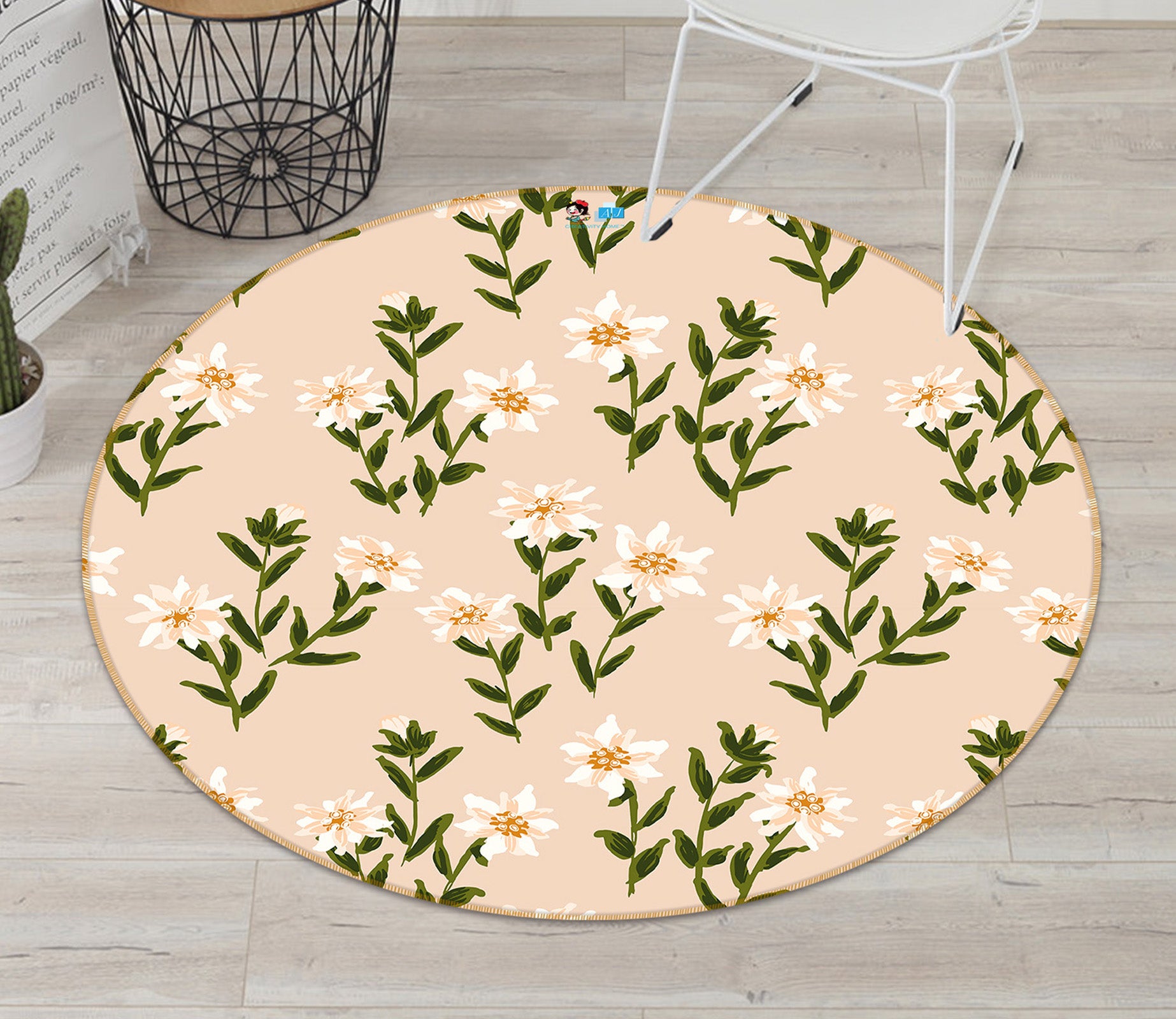 3D White Flower Clusters 10536 Kashmira Jayaprakash Rug Round Non Slip Rug Mat