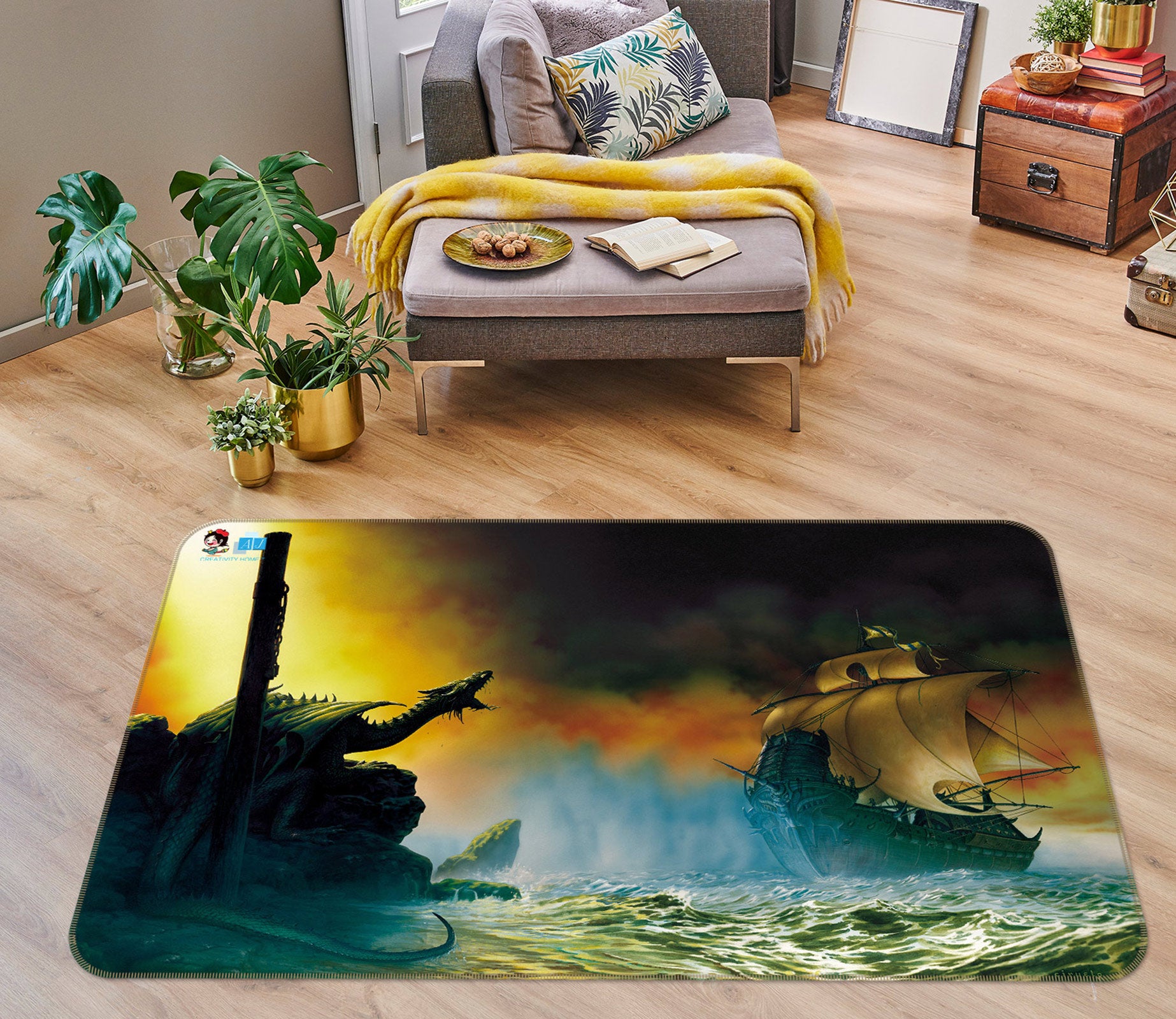 3D Dragon Sea Ship 5144 Ciruelo Rug Non Slip Rug Mat