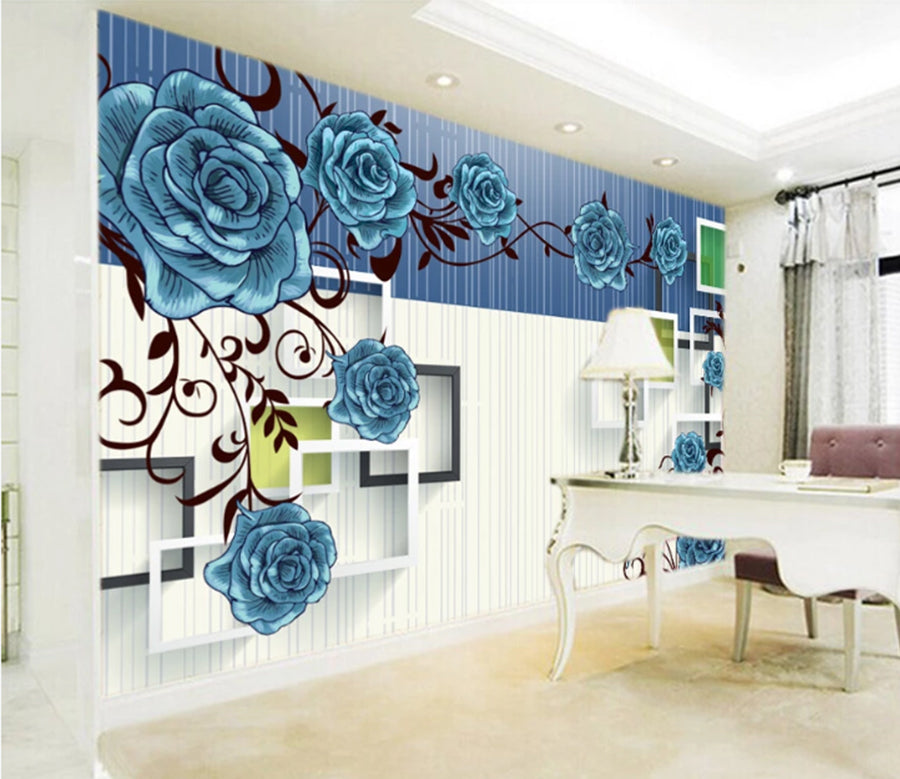 3D Blue Rose Pattern WC263 Wall Murals