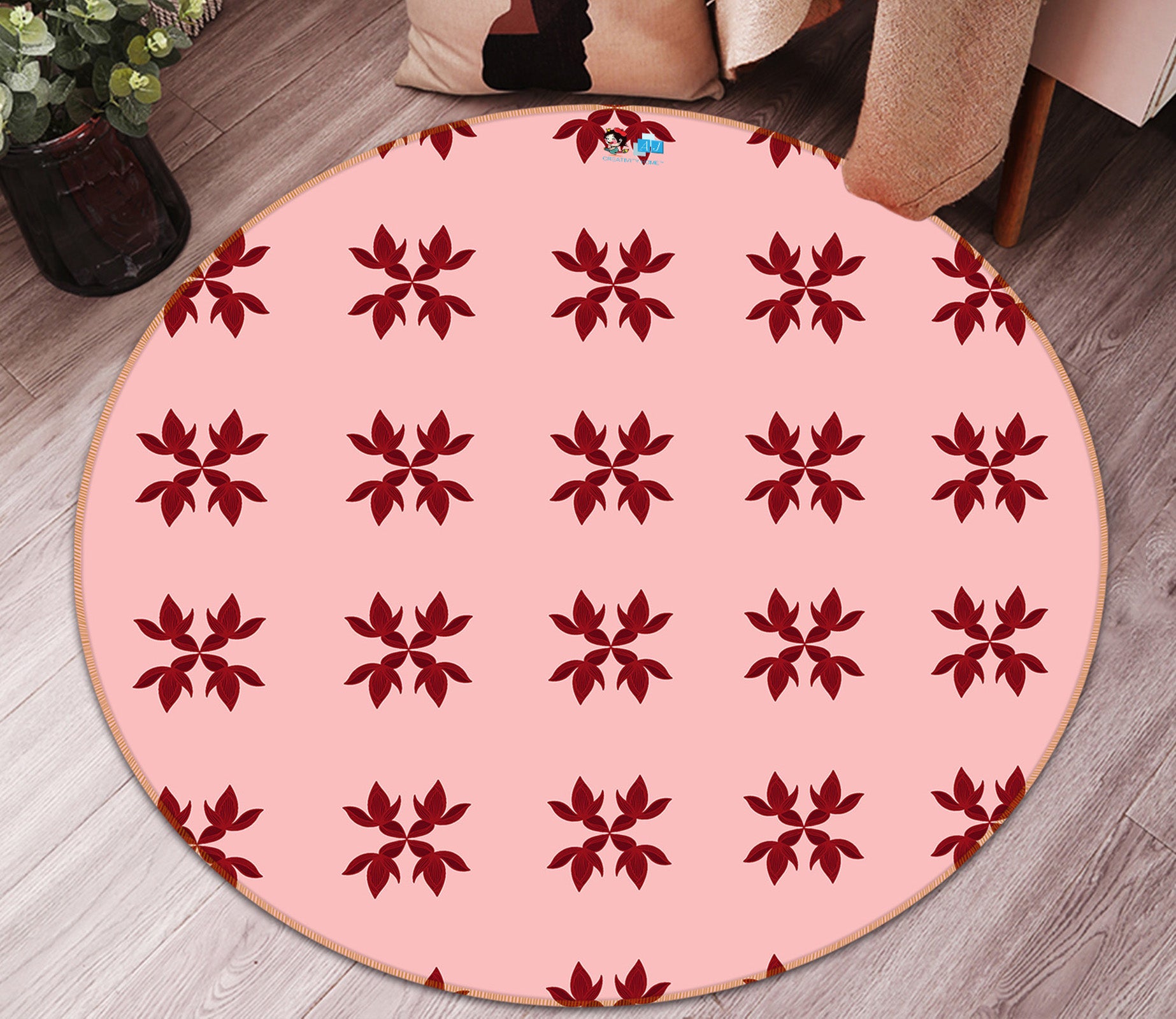 3D Red Leaves Flower Pattern 10543 Kashmira Jayaprakash Rug Round Non Slip Rug Mat