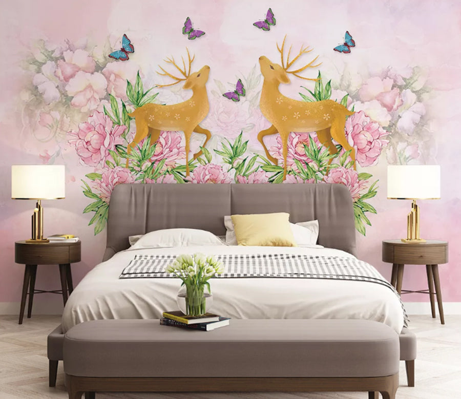 3D Sika Deer Butterfly WC1581 Wall Murals