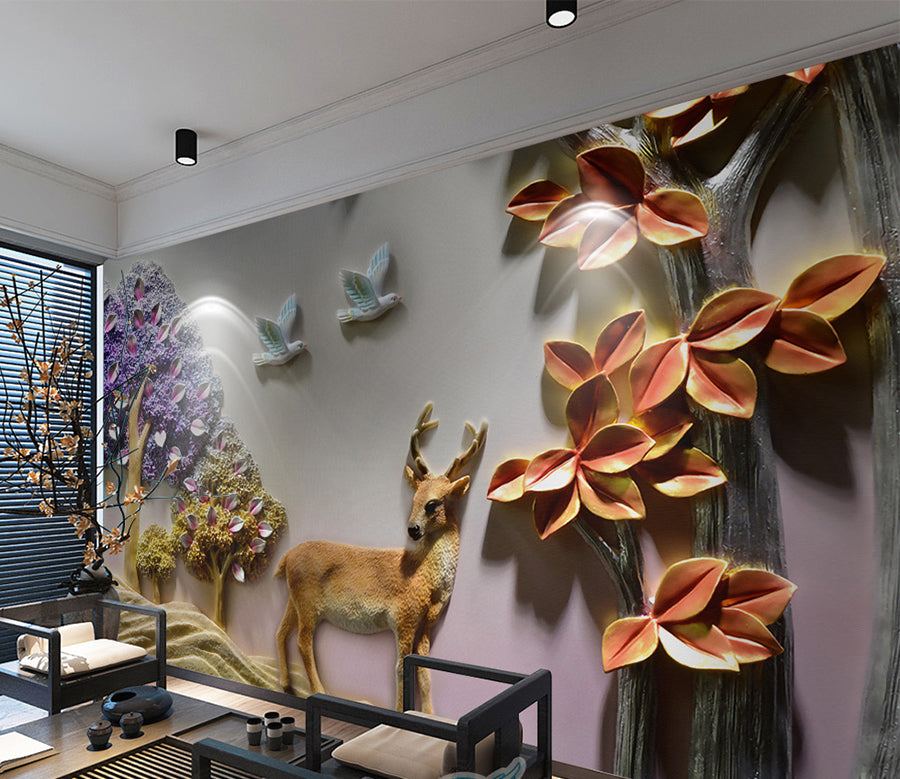 3D Deer Bird Tree WG016 Wall Murals