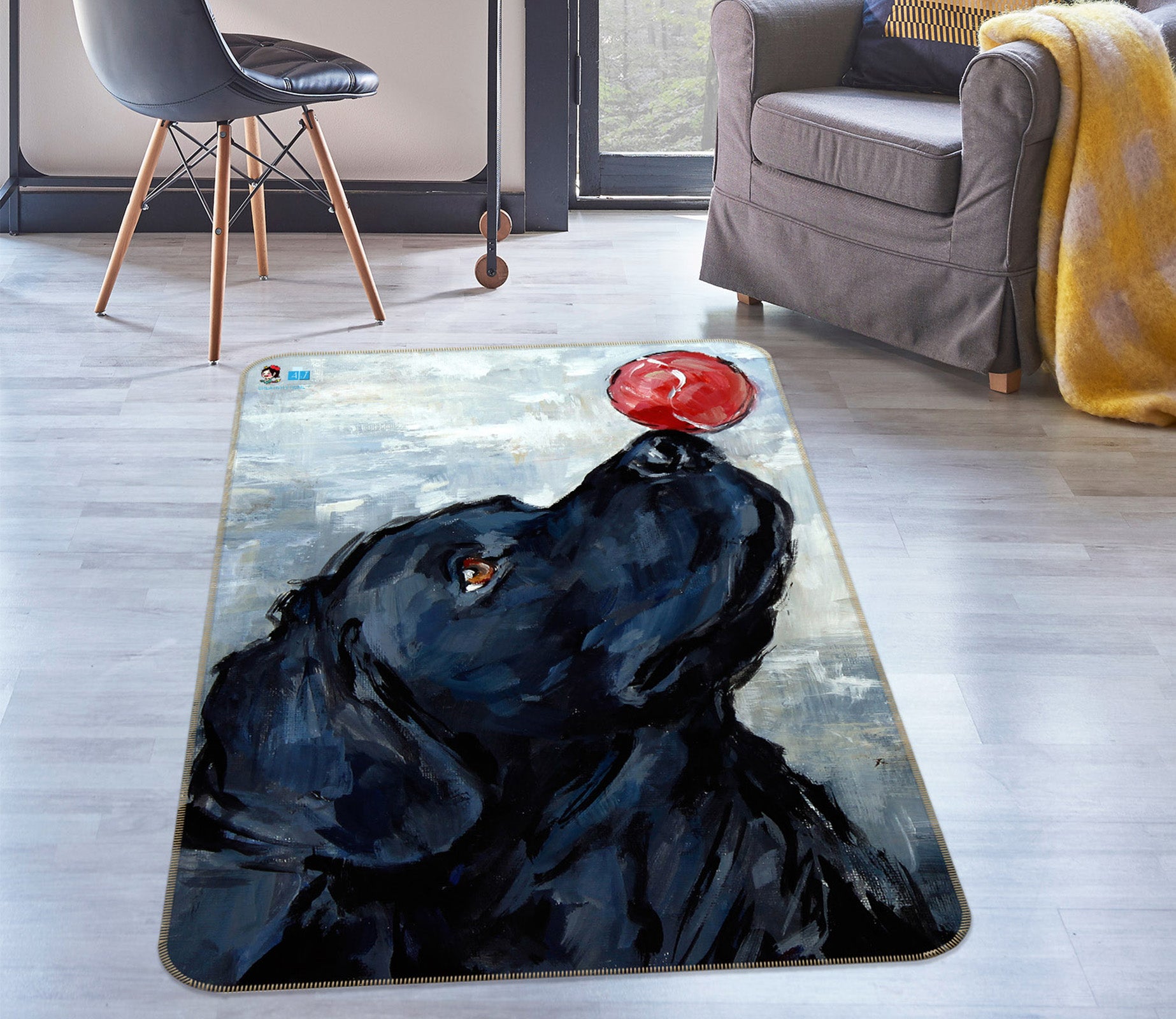 3D Black Dog Red Ball 0176 Debi Coules Rug Non Slip Rug Mat