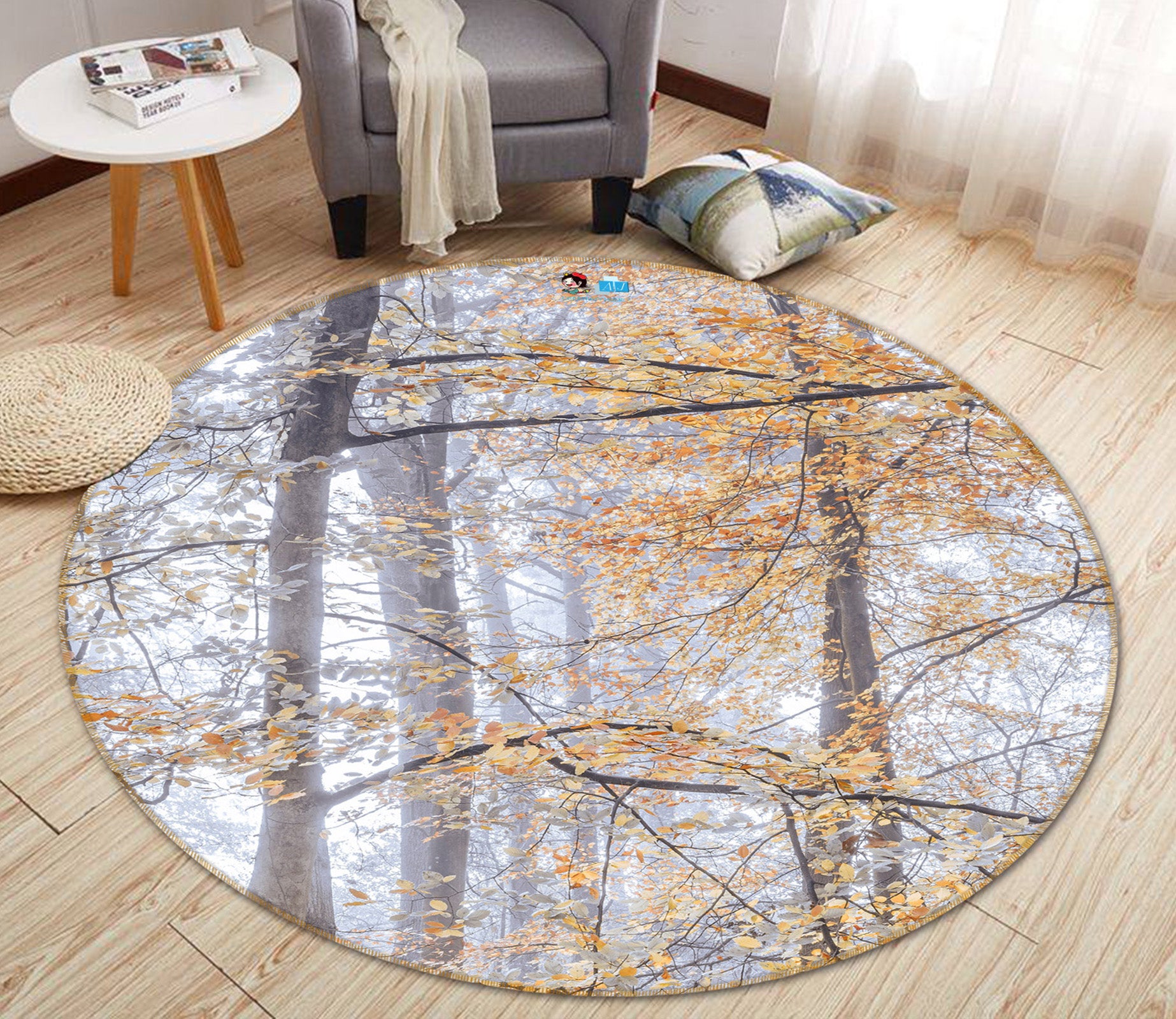 3D Yellow Leaves 7353 Assaf Frank Rug Round Non Slip Rug Mat