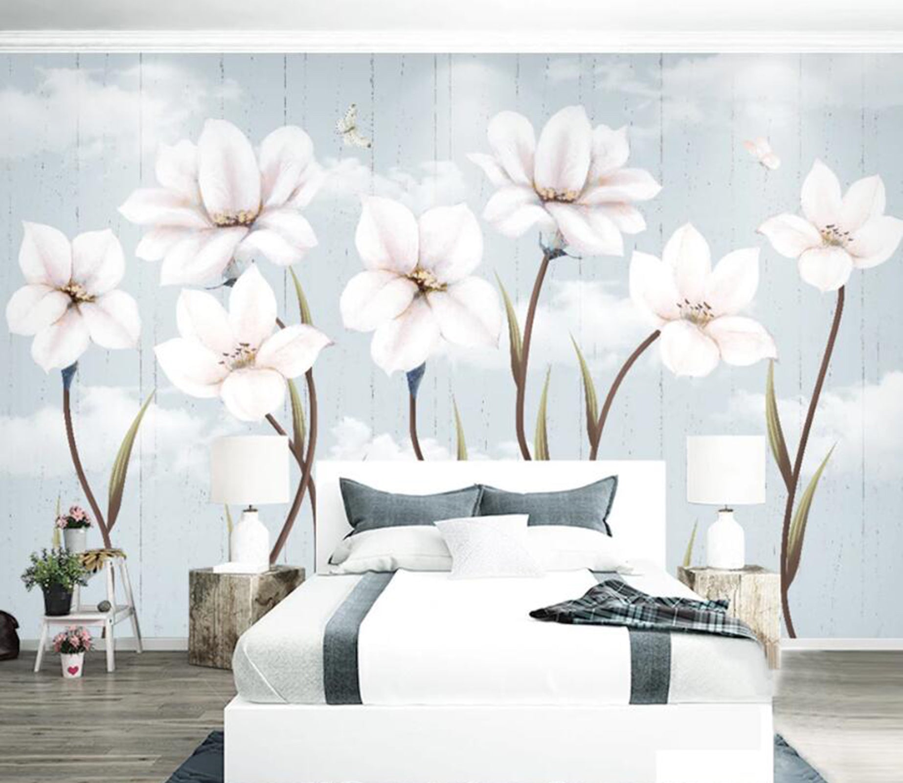 3D White Flowers WC13 Wall Murals Wallpaper AJ Wallpaper 2 