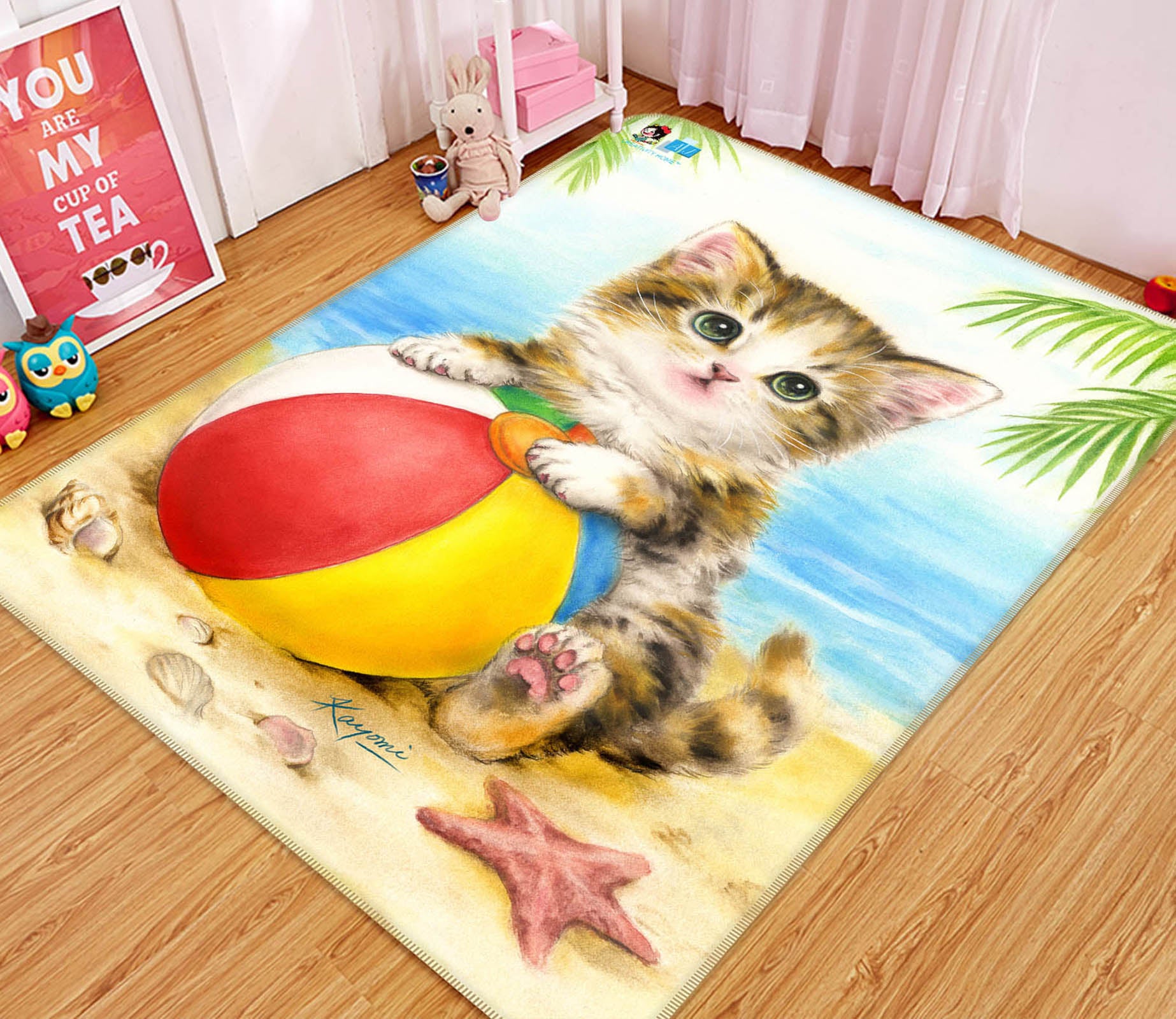 3D Beach Cat Ball 5673 Kayomi Harai Rug Non Slip Rug Mat