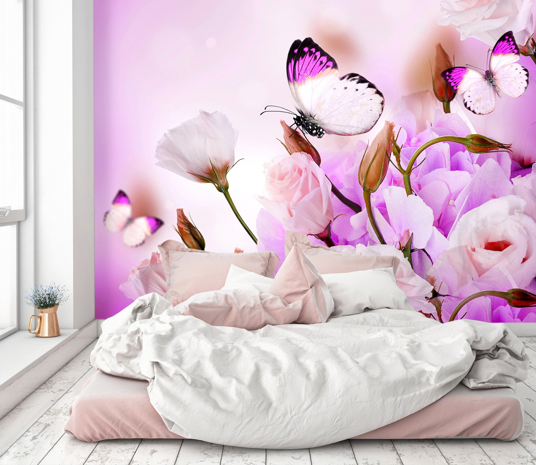 3D Pink Rose Butterfly 395 Wall Murals