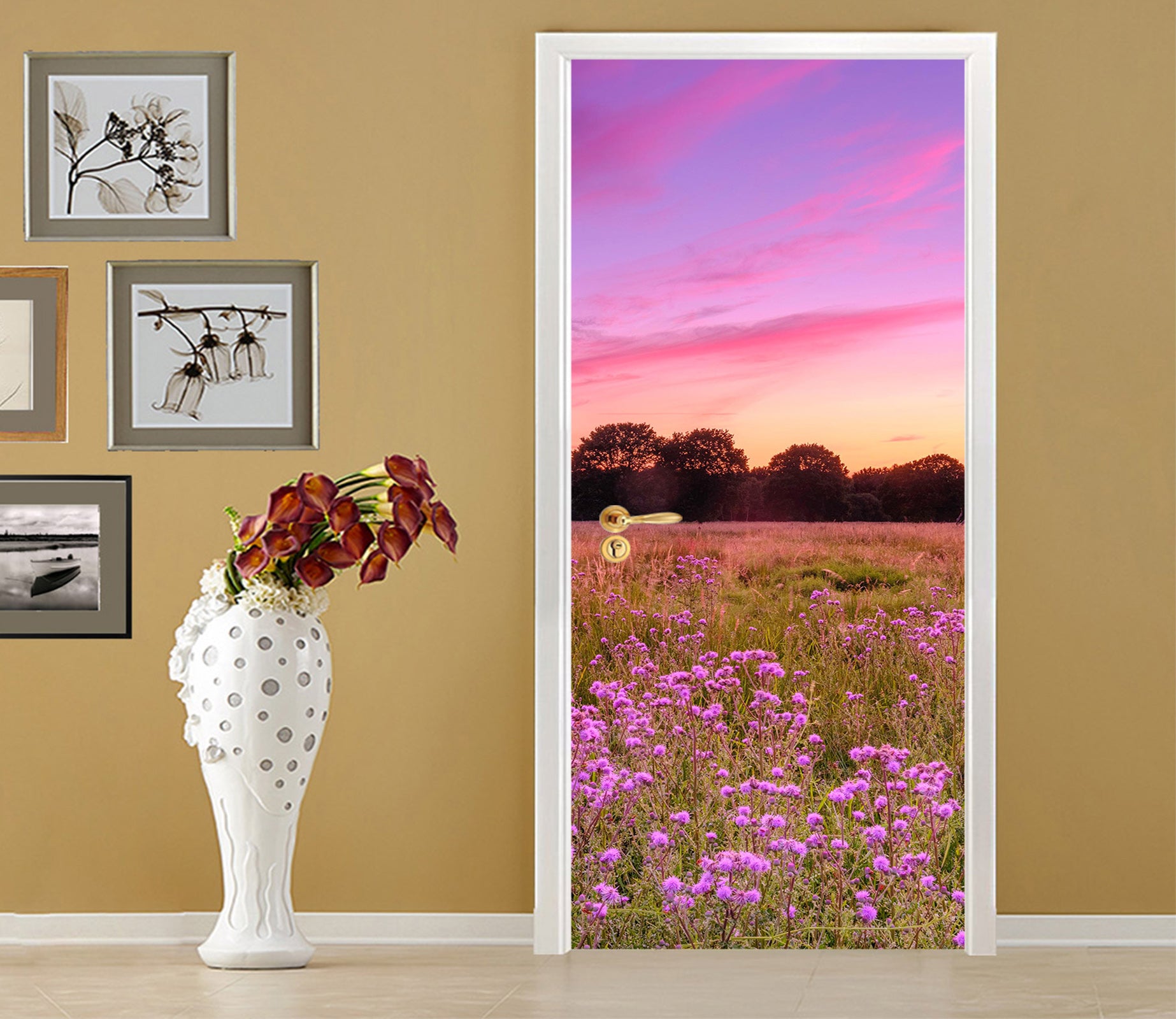 3D Purple Sky Grass Flowers 101222 Assaf Frank Door Mural