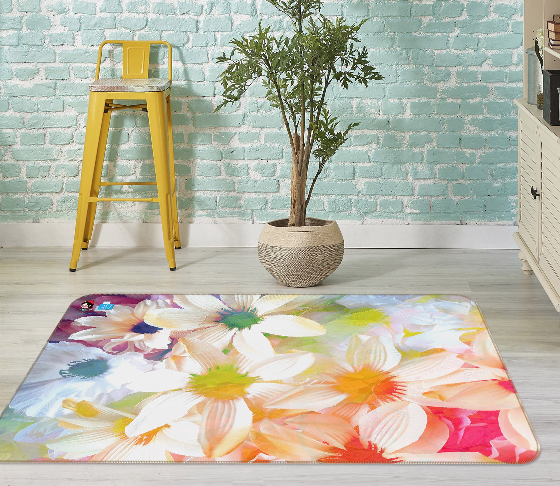 3D Color White Flowers 19166 Shandra Smith Rug Non Slip Rug Mat