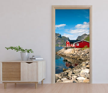 3D Lake Stone Red Hut 10661 Assaf Frank Door Mural