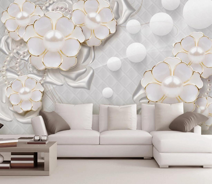 3D White Pearl Flower WC283 Wall Murals