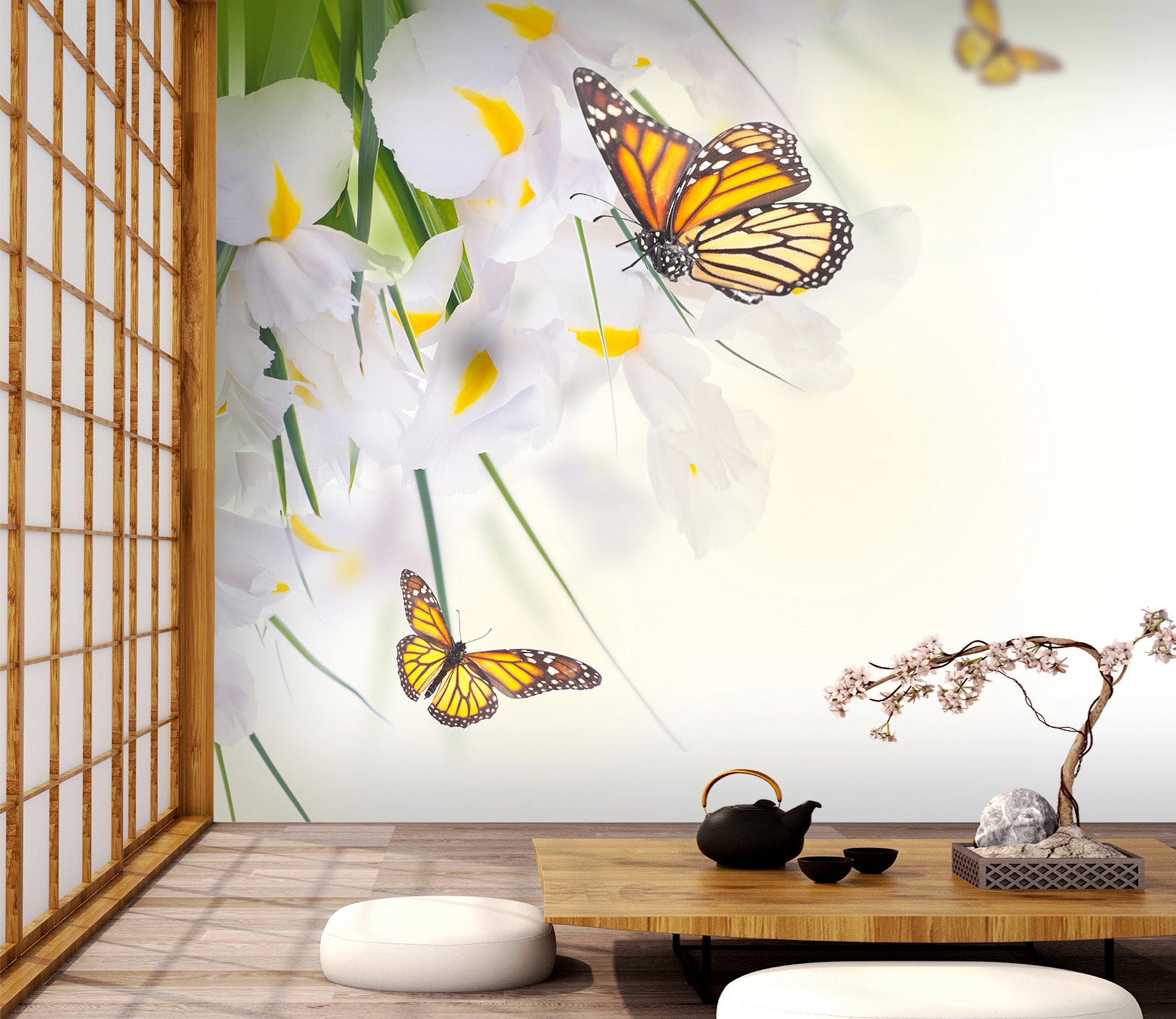 3D Butterfly White Flower 404 Wall Murals