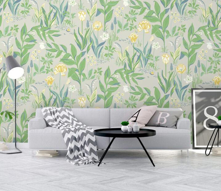 3D Green Leaf Yellow Flower 442 Wall Murals