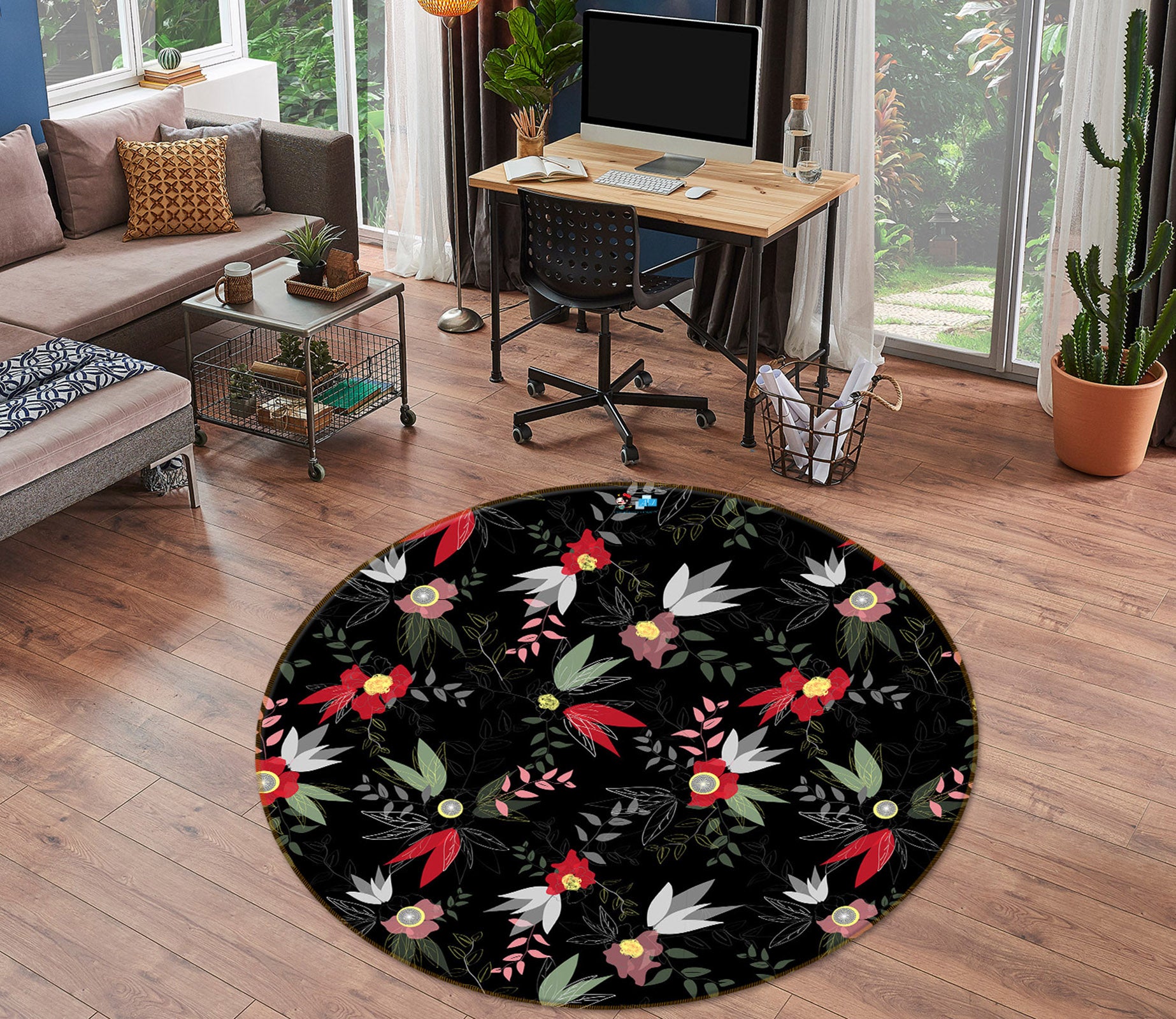 3D Flowers Pattern 104230 Kashmira Jayaprakash Rug Round Non Slip Rug Mat