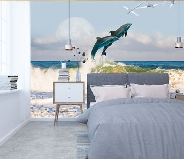 3D Moon Dolphin 237 Wall Murals