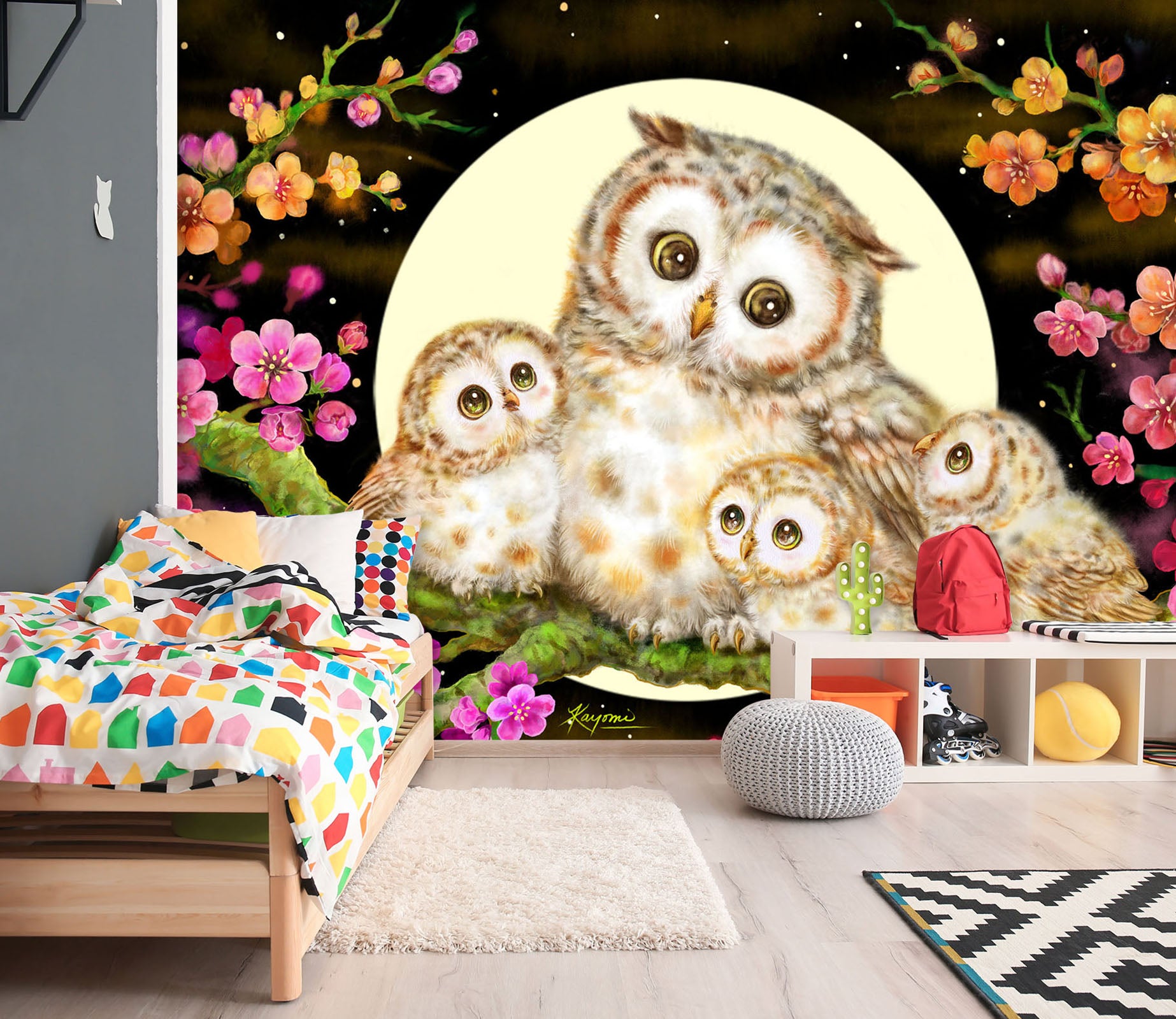 3D Cute Owl Moon 5529 Kayomi Harai Wall Mural Wall Murals