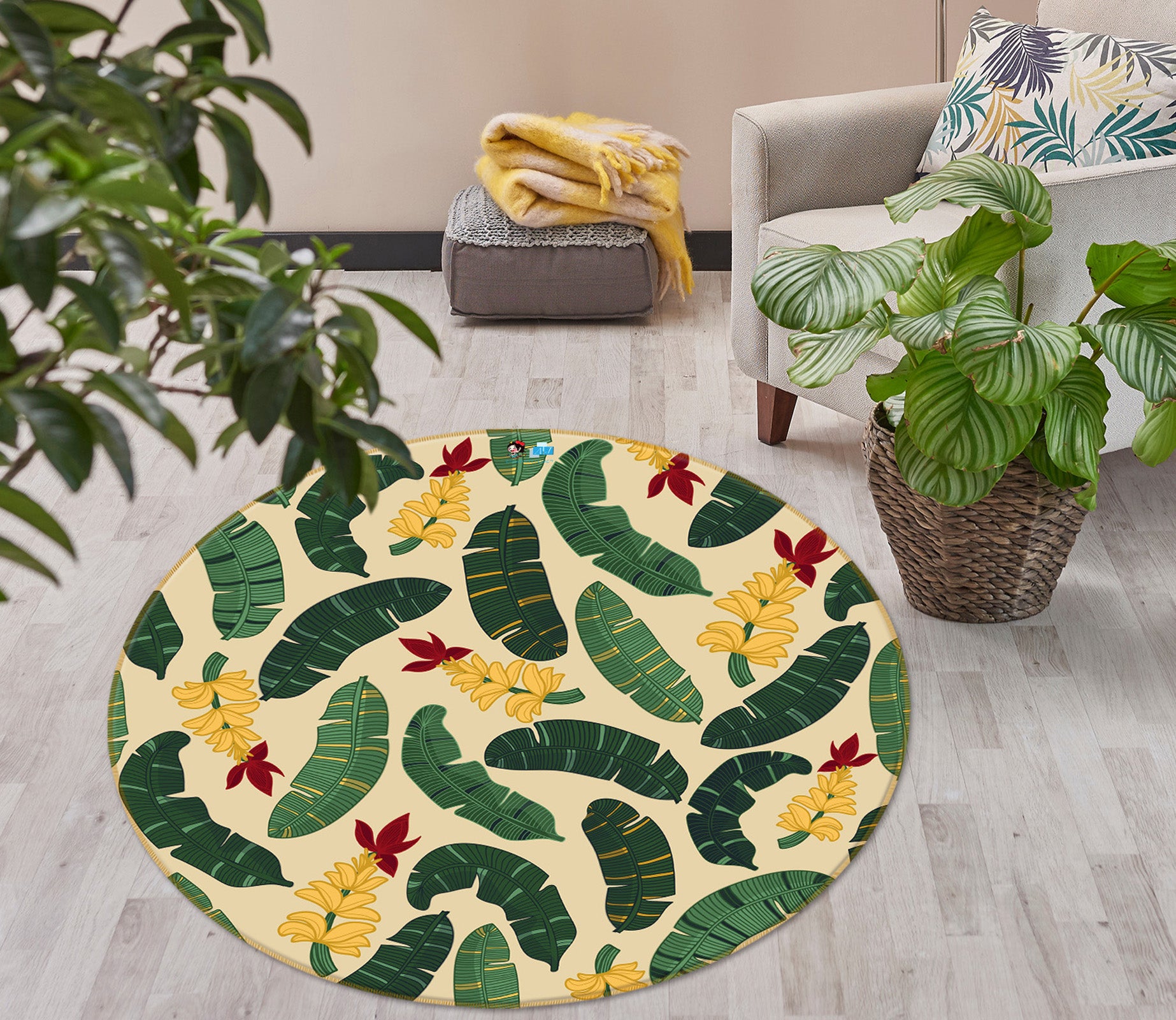 3D Leaves Yellow Flower 10532 Kashmira Jayaprakash Rug Round Non Slip Rug Mat