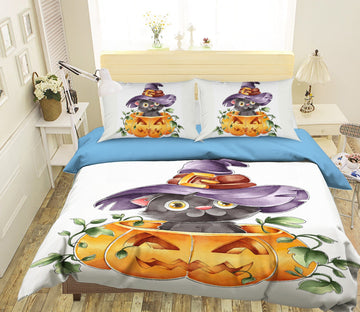 3D Pumpkin Black Cat 1206 Halloween Bed Pillowcases Quilt Quiet Covers AJ Creativity Home 