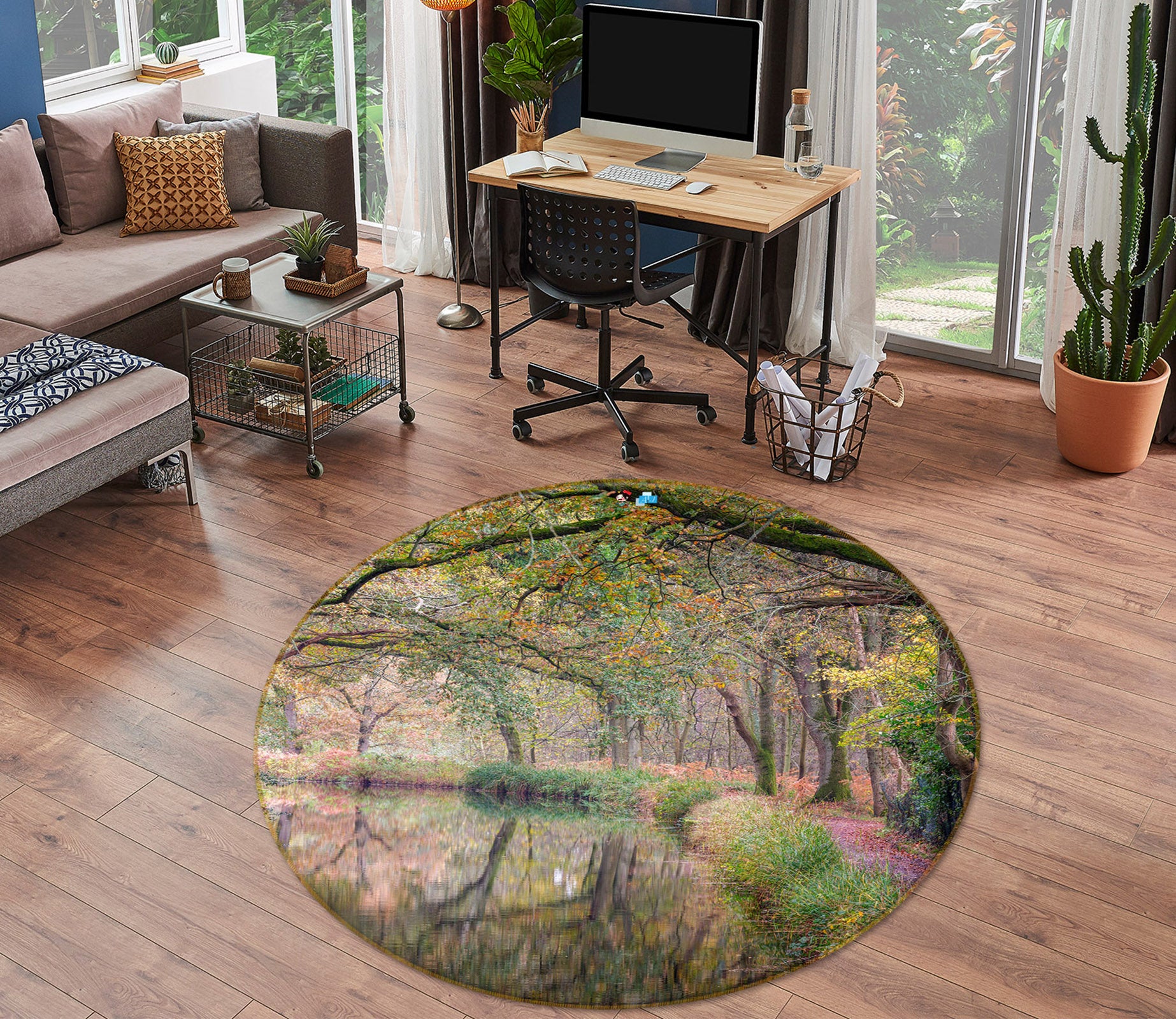 3D Green Tree River 7361 Assaf Frank Rug Round Non Slip Rug Mat