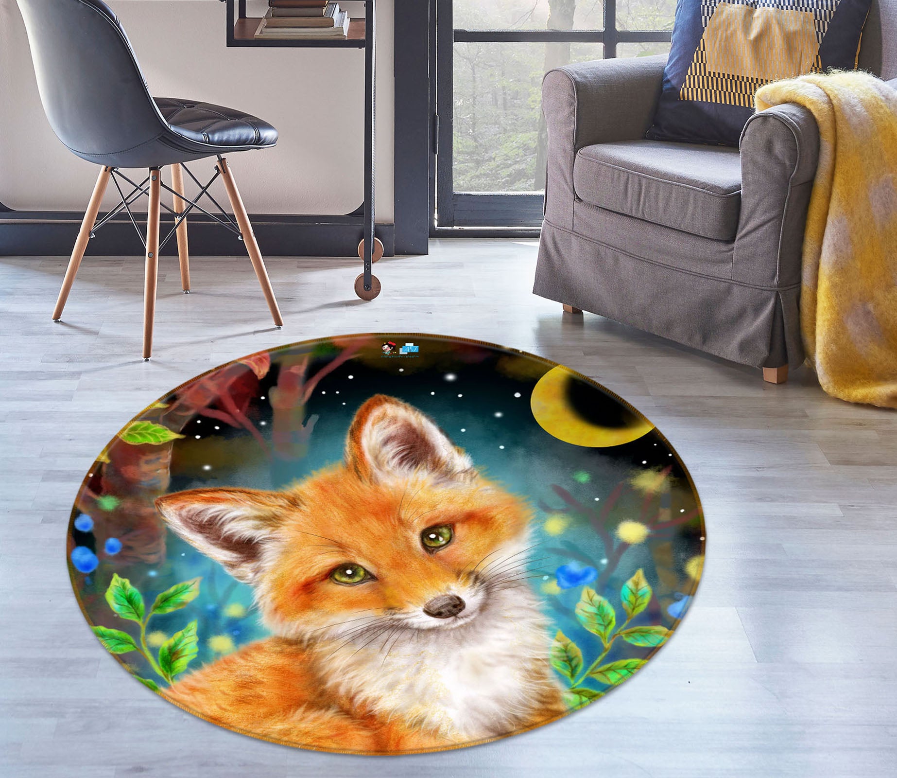 3D Orange Fox Moon 6027 Kayomi Harai Rug Round Non Slip Rug Mat