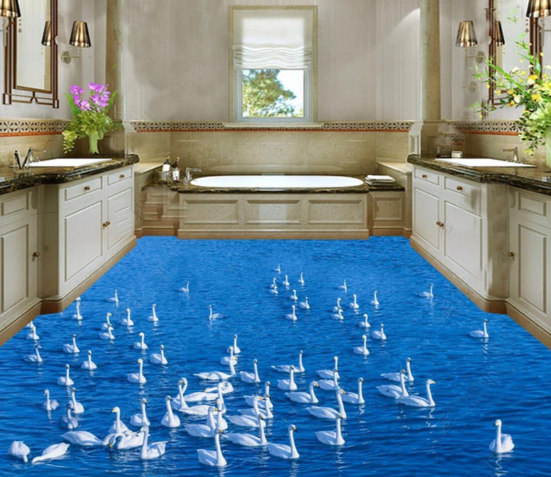 3D Elegant White Swan 048 Floor Mural  Self-Adhesive Sticker Bathroom Non-slip Waterproof Flooring Murals