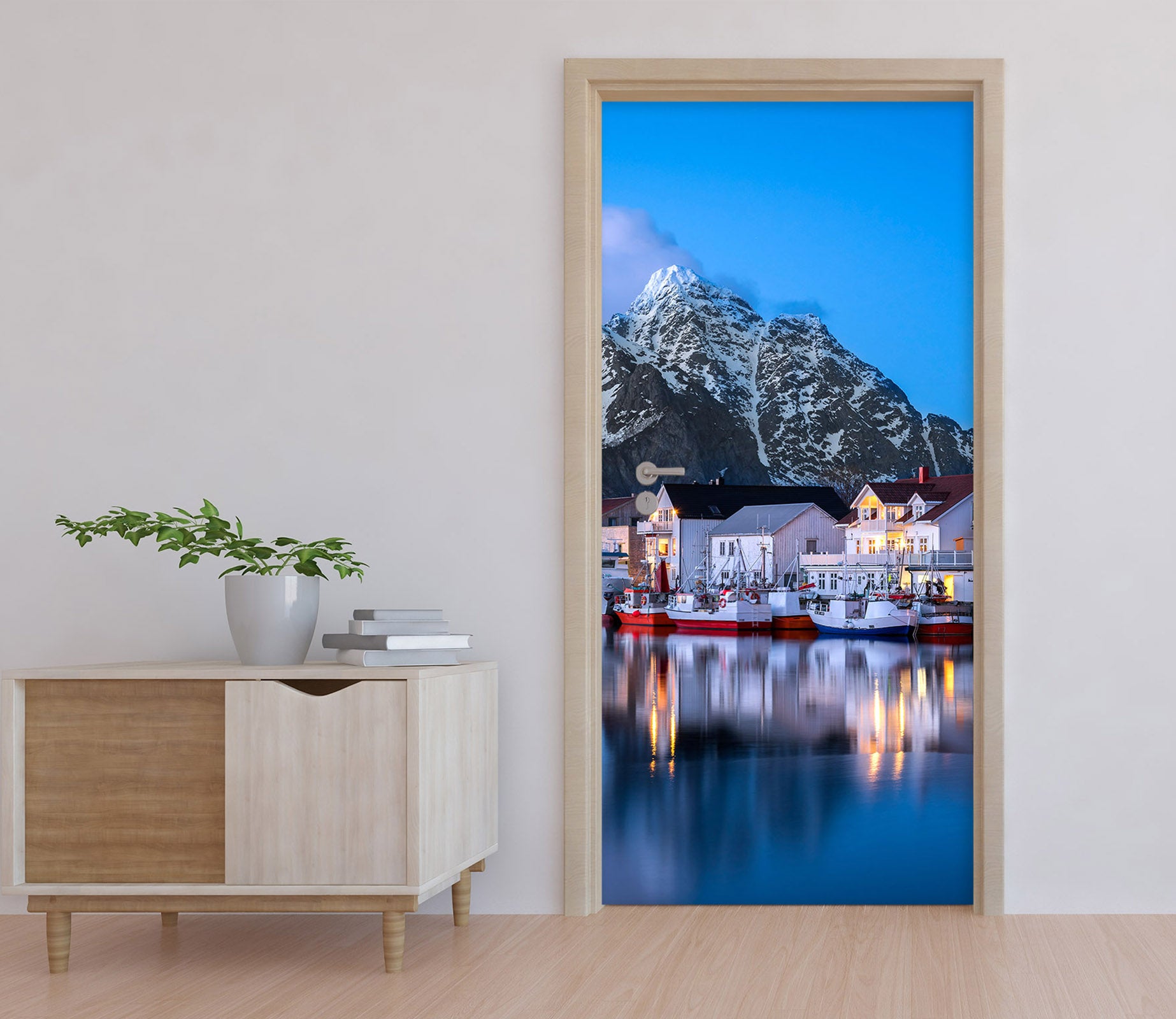 3D Snow Mountain Houses Boat 115113 Marco Carmassi Door Mural