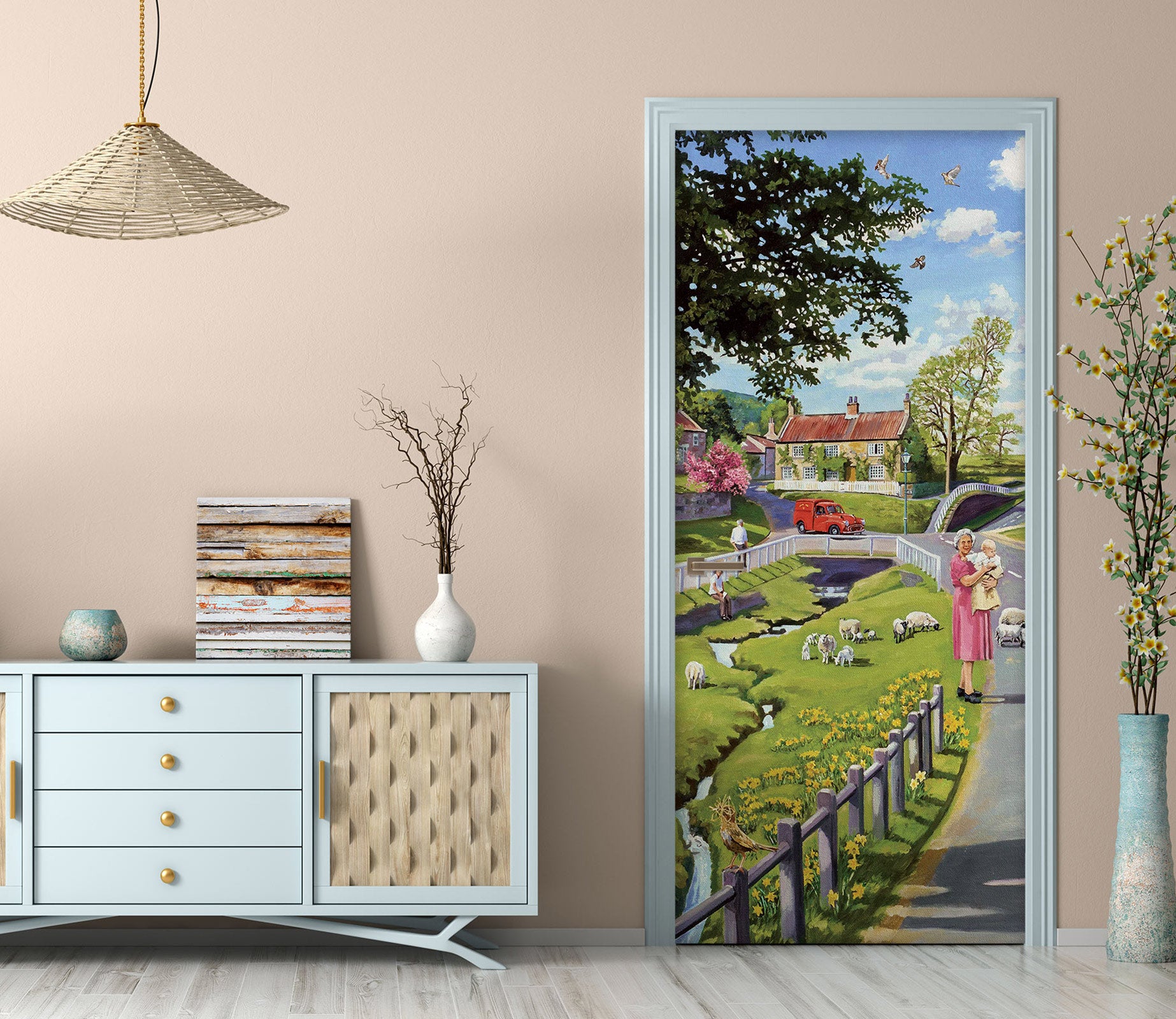 3D Stream Grassland Sheep 103185 Trevor Mitchell Door Mural