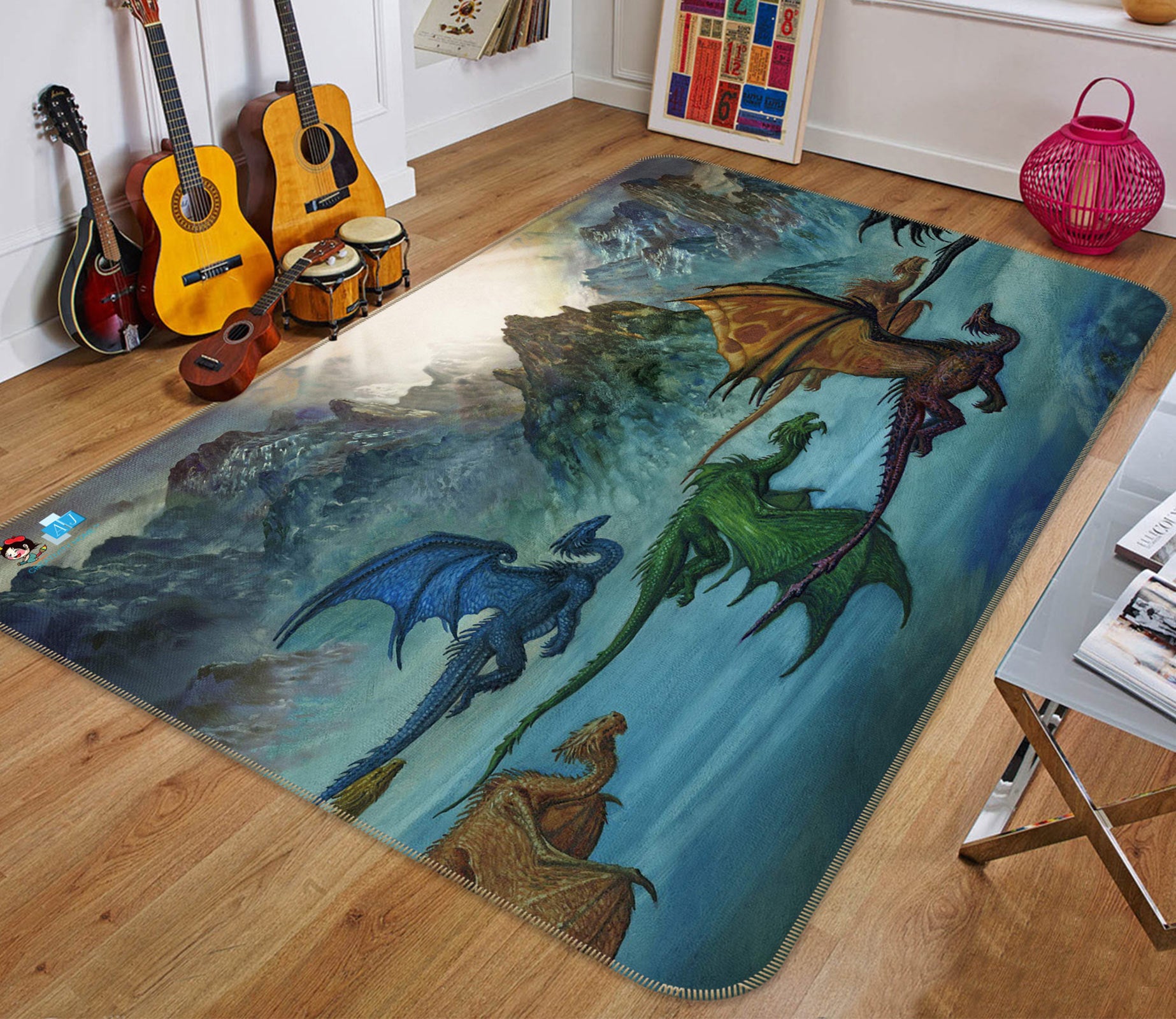 3D Many Dragons 5161 Ciruelo Rug Non Slip Rug Mat