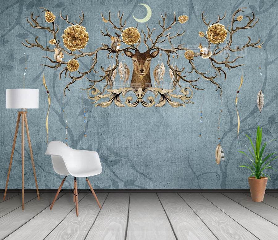 3D Moon Deer Flower WG189 Wall Murals