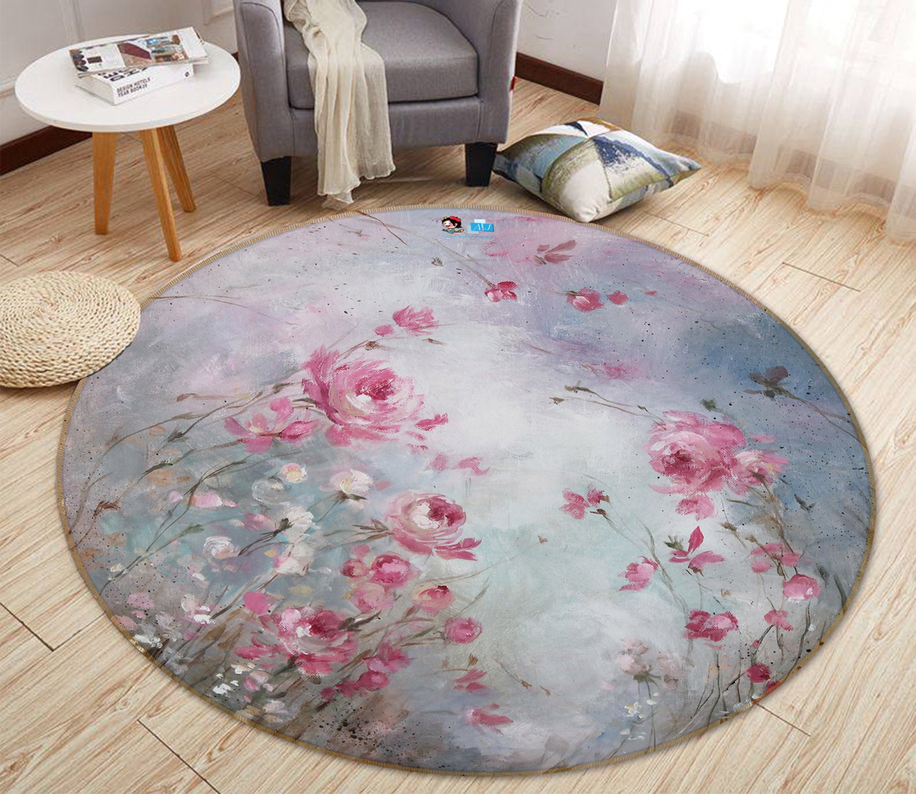 3D Flower Bush Pink 1088 Debi Coules Rug Round Non Slip Rug Mat