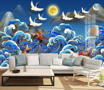 3D Moon Crane Goldfish WC2386 Wall Murals