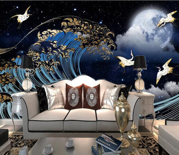 3D Moon Sea Wave Crane WC2635 Wall Murals